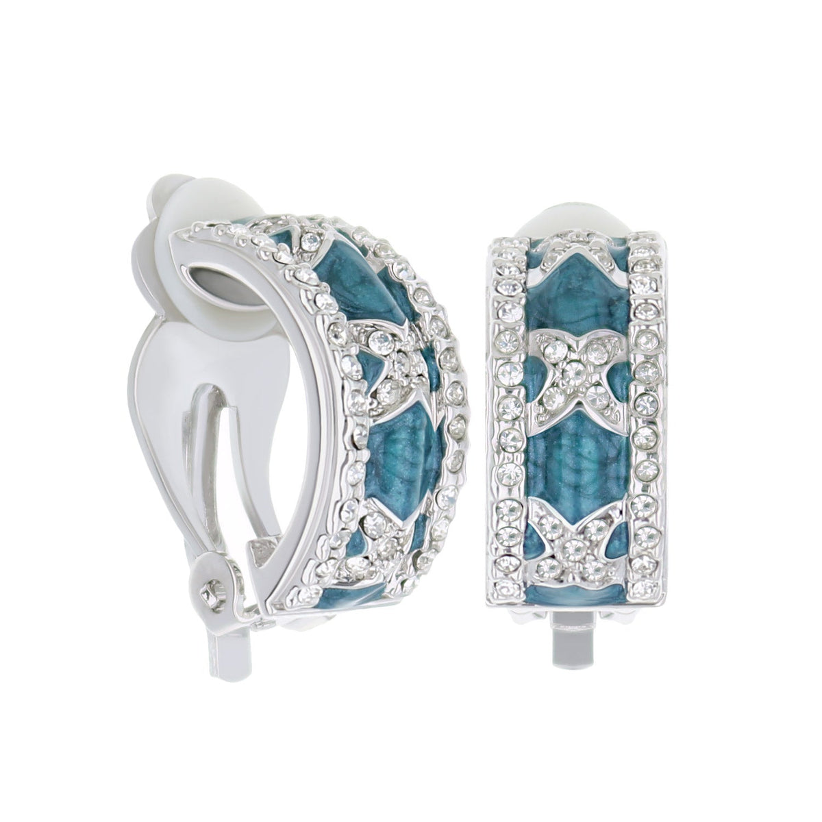 Lga Clip On Earrings by Lauren G Adams, teal blue stones with pavé crystal frame pair on Tampa Home & Garden Store