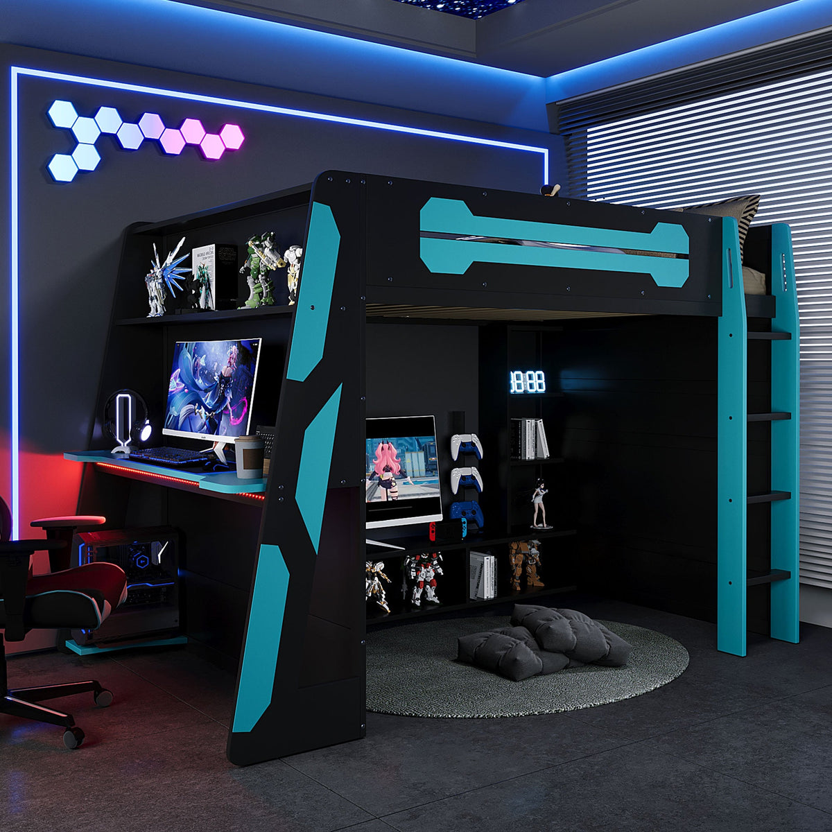 Full Size Wood Loft Bed with Desk and RGB Light teal accents by HouseOfZazla on Tampa Home & Garden Store