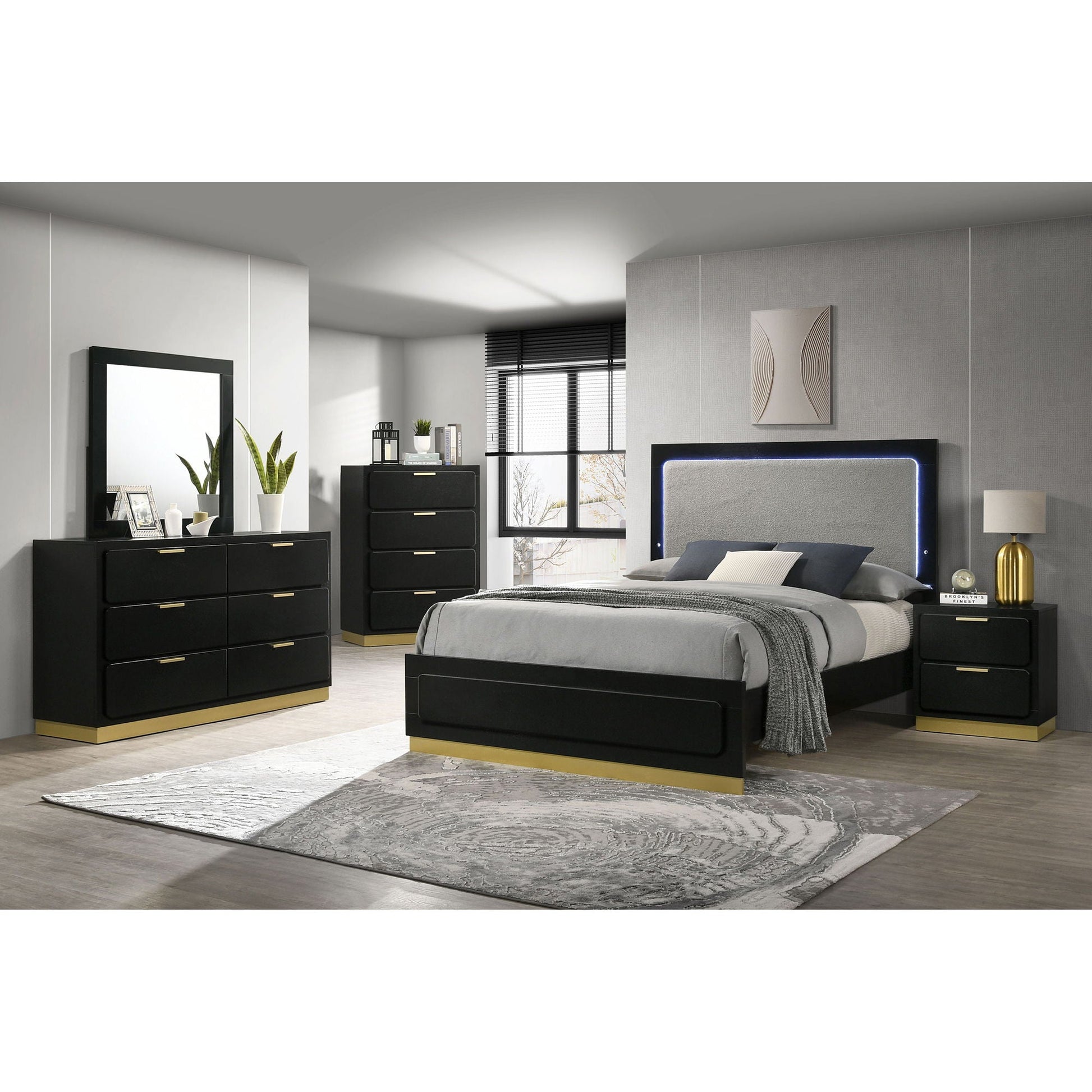 Sophia panel bed with LED headboard in black finish paired with black dressers on Tampa Home & Garden Store