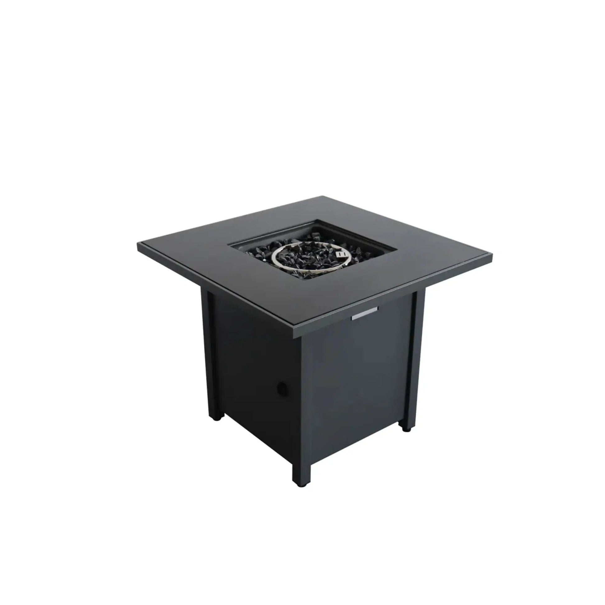 Powdercoated gray fire pit with top, square table-style design and lava rock bed on Tampa Home & Garden Store