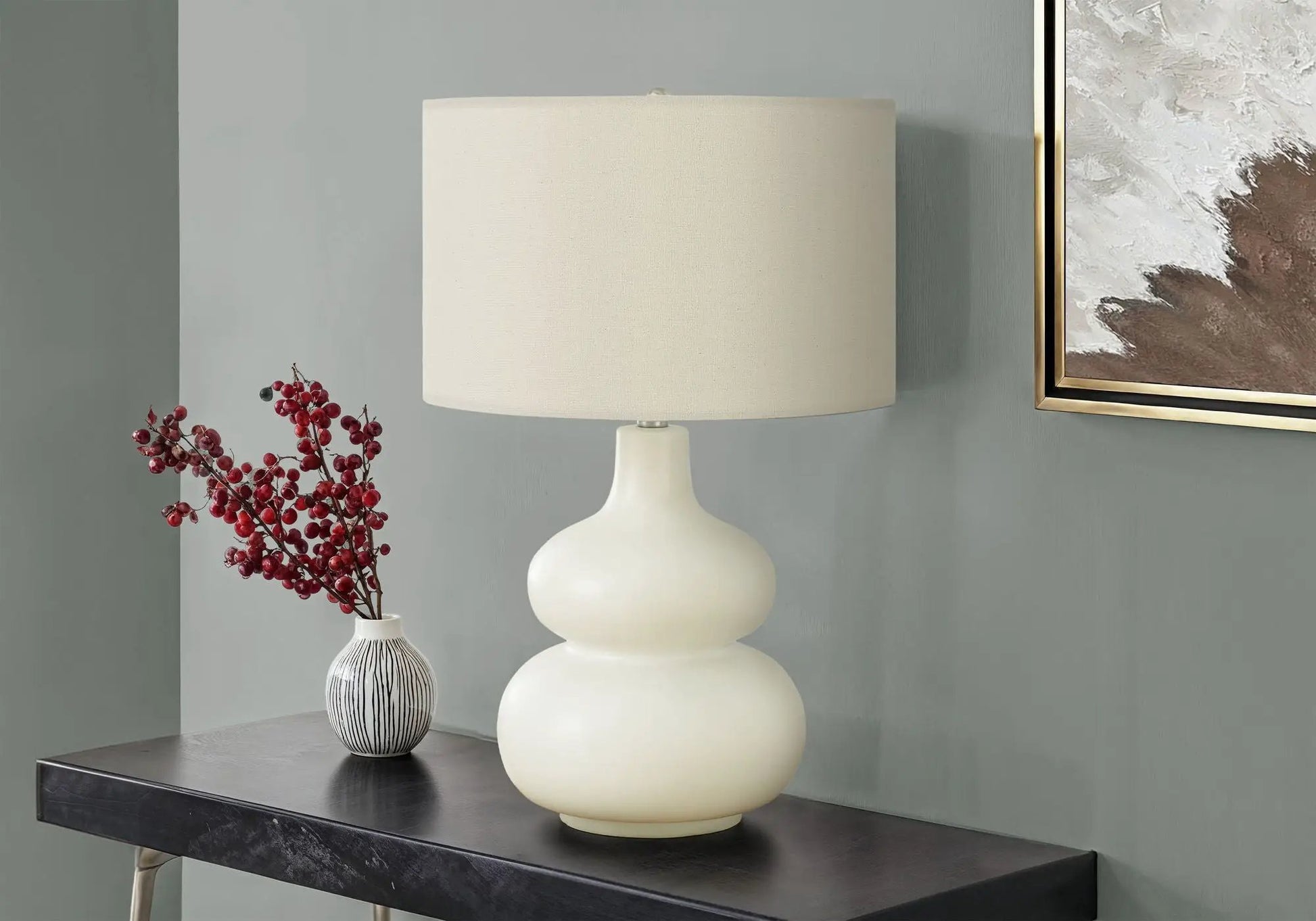 Table lamp cream fabric shade with stacked ceramic base, contemporary style on Tampa Home & Garden Store