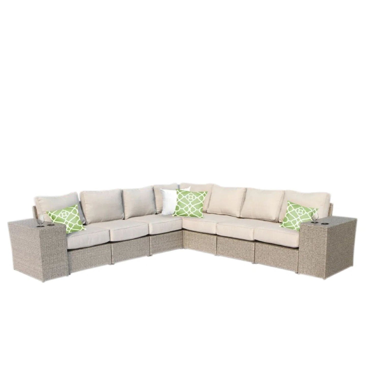 HouseOfZazla rattan sectional sofa set with beige cushions and patterned pillows, side tables on Tampa Home & Garden Store