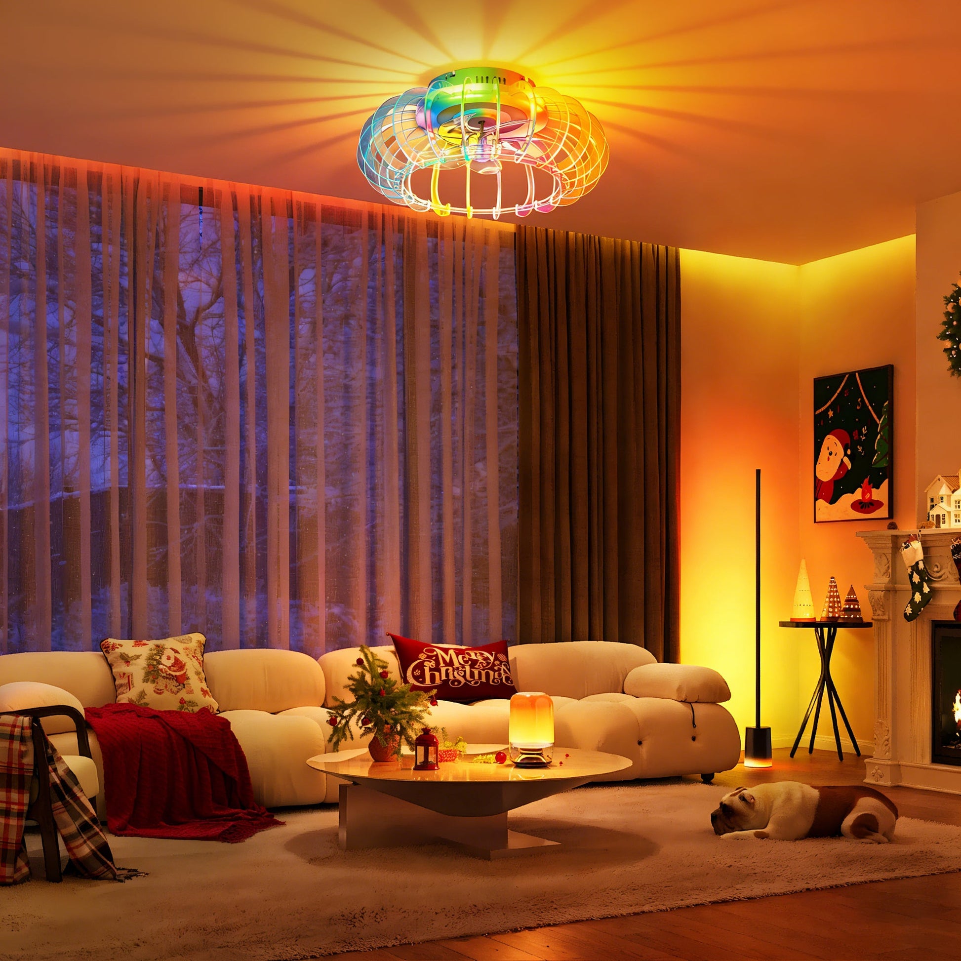 21-inch bladeless ceiling fan with colorful LED ring lights for a vibrant living room decor on Tampa Home & Garden Store