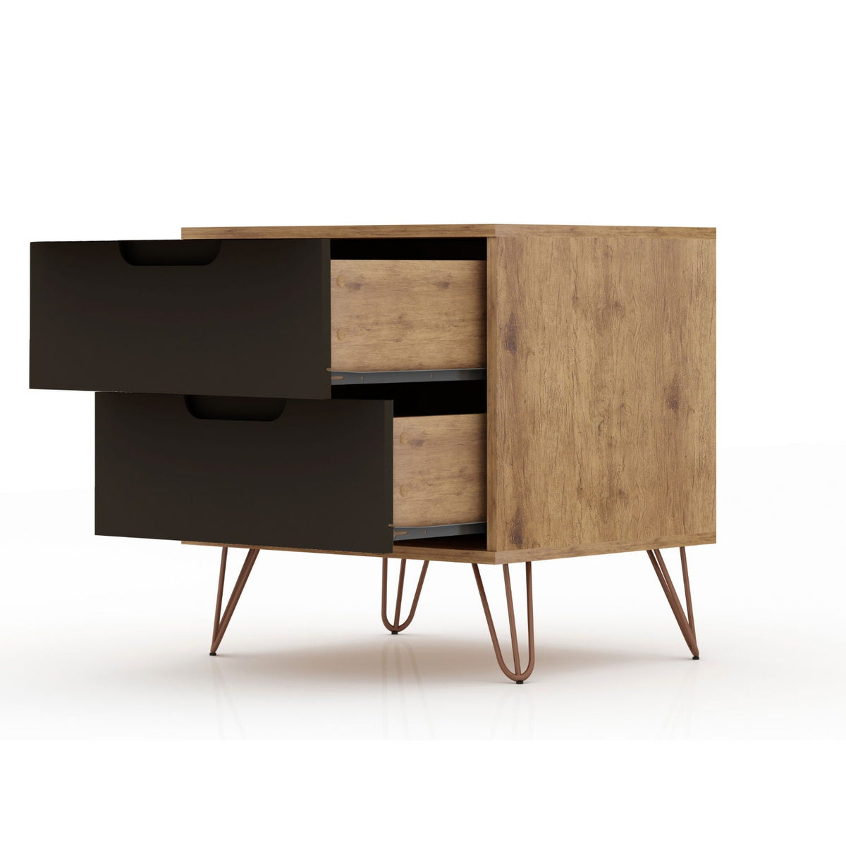2 Drawer Nightstand by HouseOfZazla, two-tone black drawers with natural wood cabinet, splayed metal legs on Tampa Home & Garden Store