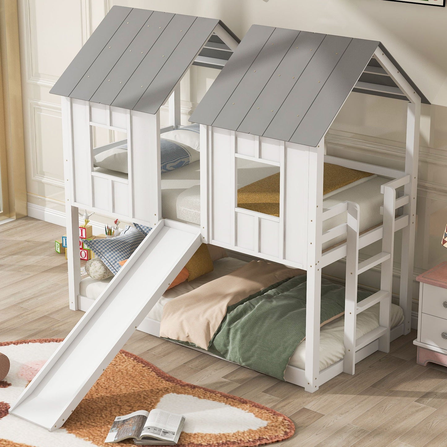 Twin Over Twin Bunk Bed with Slide and Windows White/Gray by HouseOfZazla on Tampa Home & Garden Store