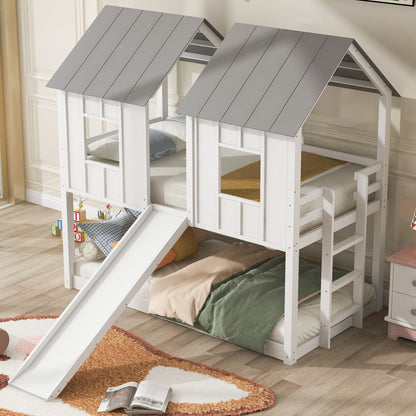 Twin Over Twin Bunk Bed with Slide and Windows White/Gray by HouseOfZazla on Tampa Home & Garden Store