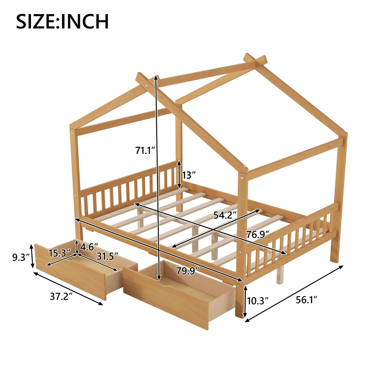 House Style Platform Bed with headboard, footboard, roof design, 2 drawers in natural wood on Tampa Home & Garden Store
