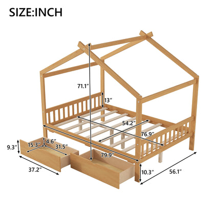 House Style Platform Bed with headboard, footboard, roof design, 2 drawers in natural wood on Tampa Home & Garden Store