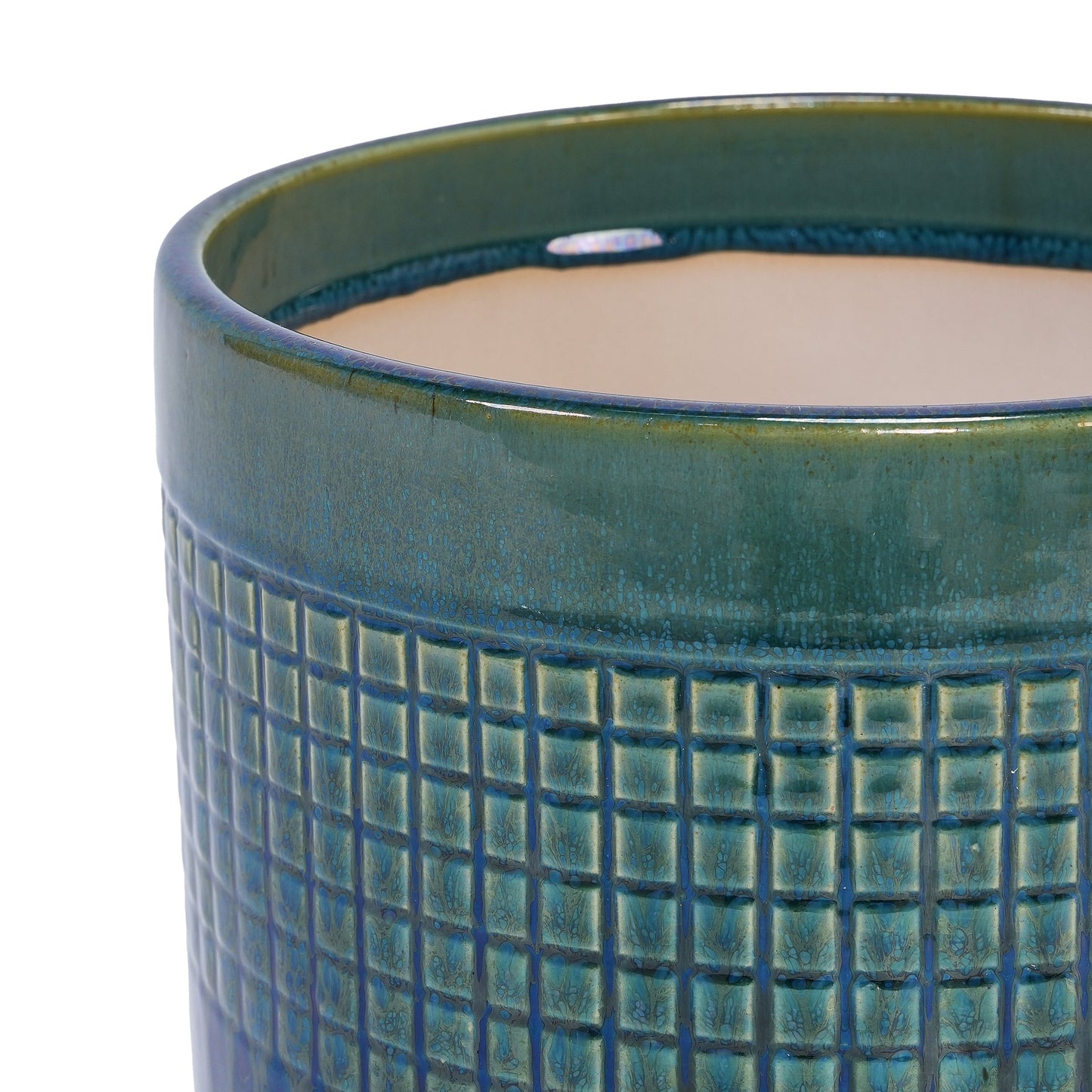Set of 3 ceramic flowerpots in blue-green glaze with grid pattern, modern patio planters on Tampa Home & Garden Store