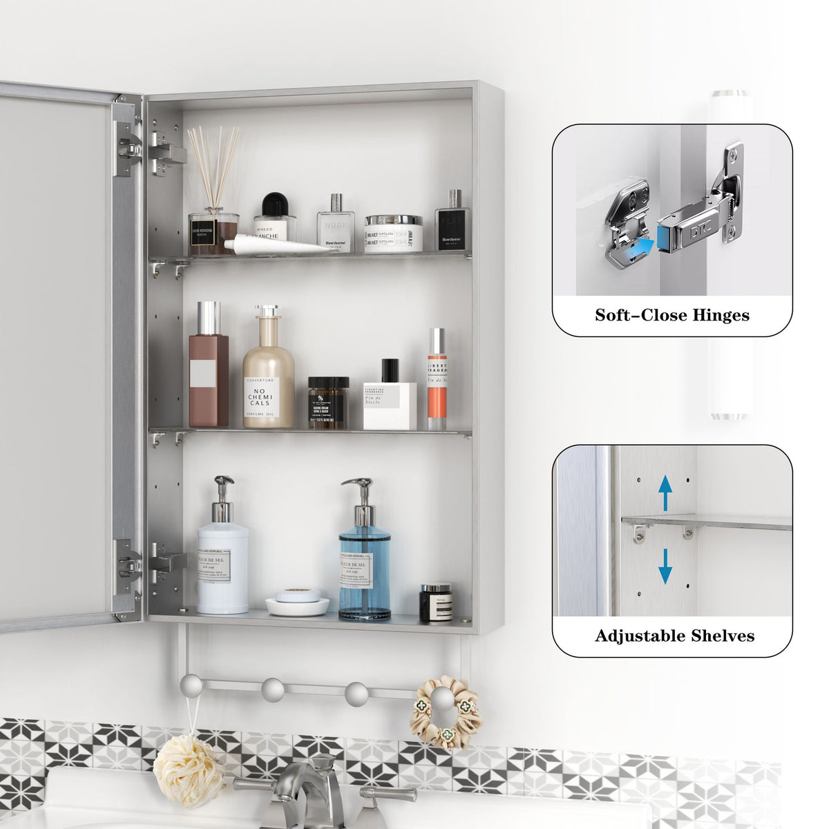 Silver medicine cabinet with mirror and adjustable shelves by HouseOfZazla stocked with bottles on Tampa Home & Garden Store
