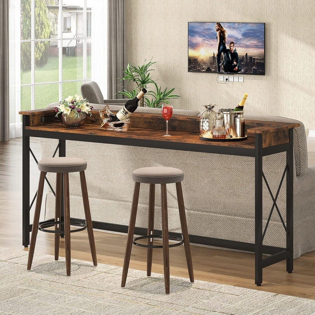 Extra Long Console Table with Charging Station brown wood top black metal frame living room on Tampa Home & Garden Store
