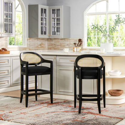 Mid-Century Cane Back Counter Stool, Barrel Back, HouseOfZazla, 2 black stools on Tampa Home & Garden Store