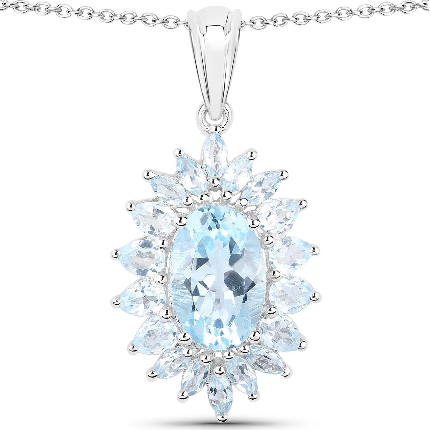 Pendant in sterling silver with blue topaz sunburst design on chain on Tampa Home & Garden Store