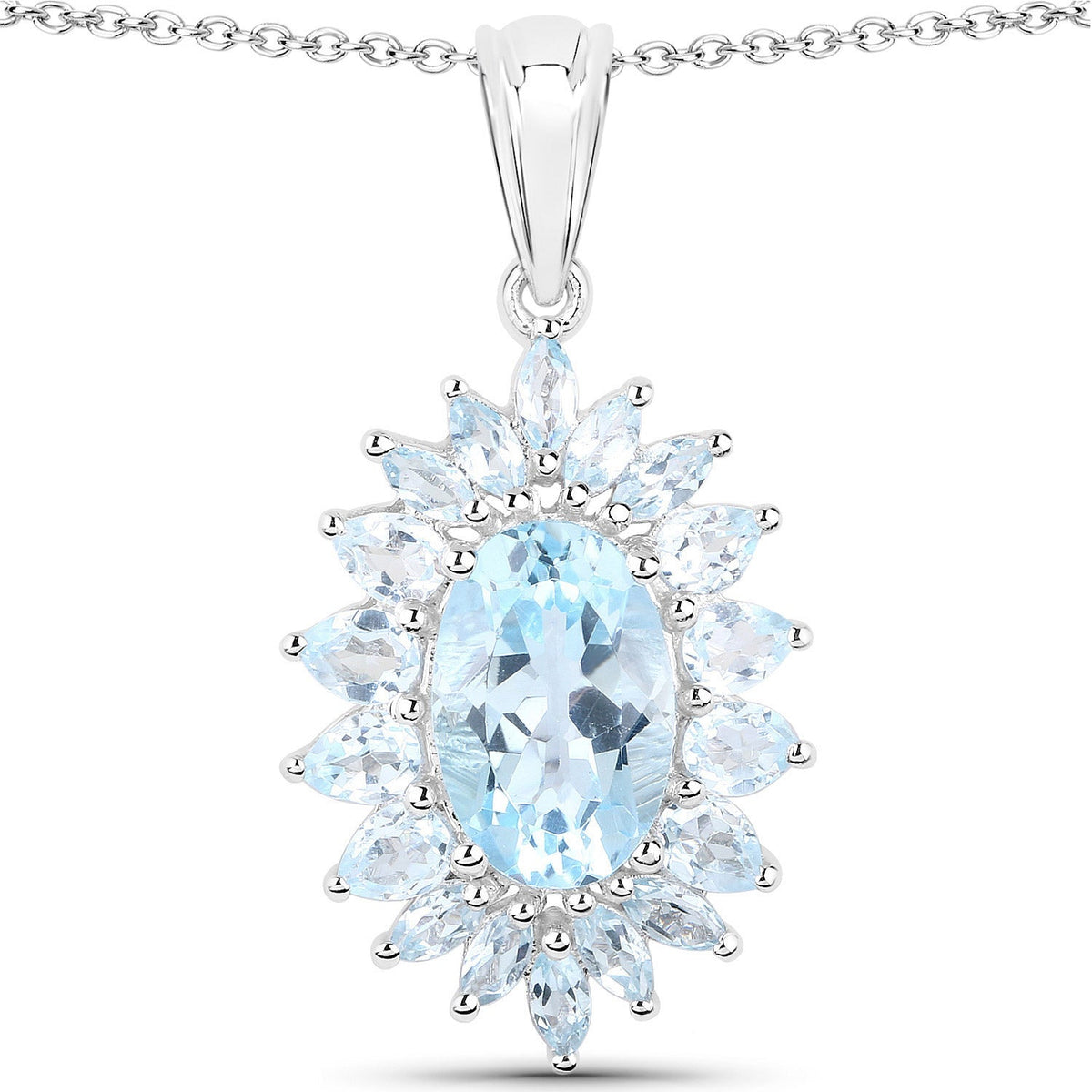 Pendant in sterling silver with blue topaz sunburst design on chain on Tampa Home & Garden Store