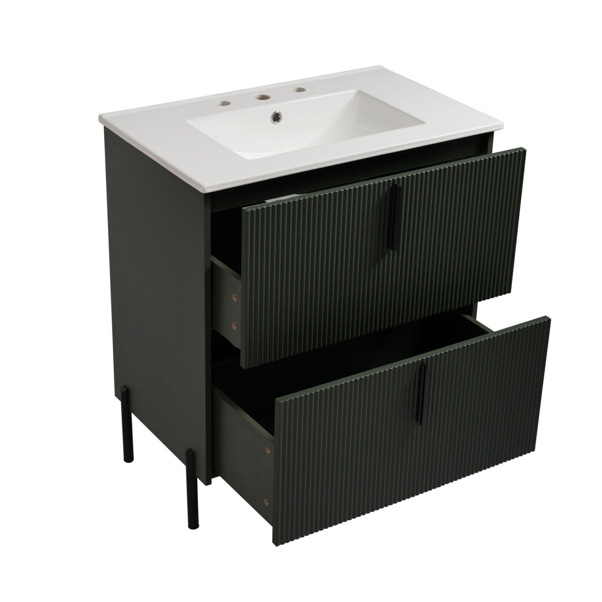 Bathroom vanity with ceramic white sink on dark green fluted cabinet by HouseOfZazla on Tampa Home & Garden Store