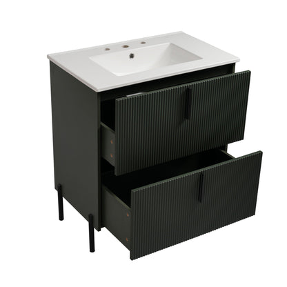 Bathroom vanity with ceramic white sink on dark green fluted cabinet by HouseOfZazla on Tampa Home & Garden Store