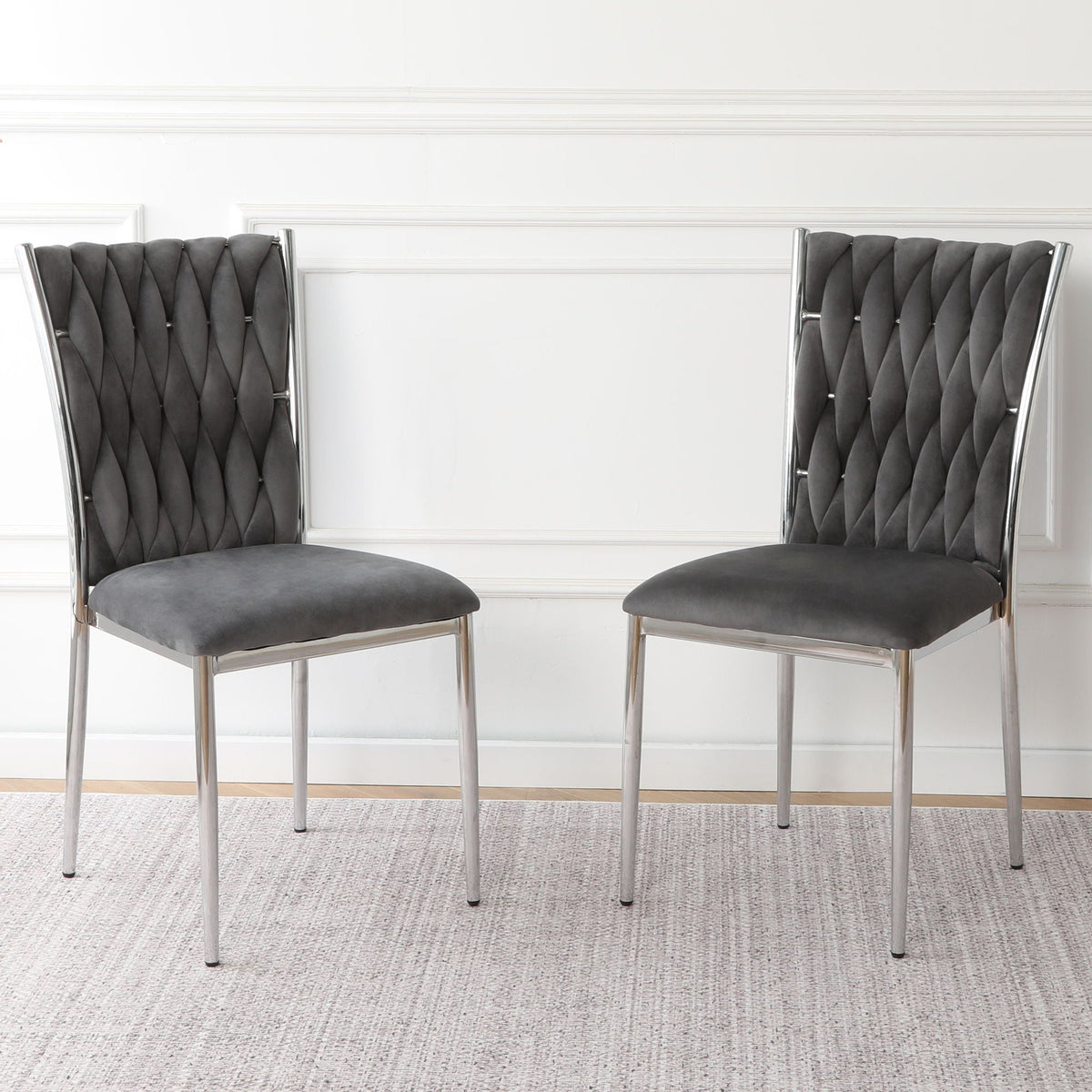 Modern dining chair set by HouseOfZazla, 2 chairs, dark gray fabric with chrome metal frames on Tampa Home & Garden Store