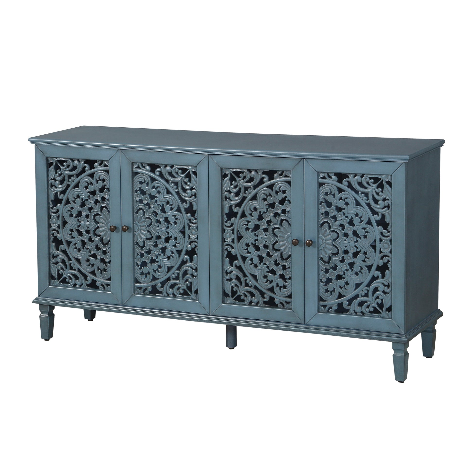 60in Antique Buffet Cabinet by HouseOfZazla in blue-gray with floral carved doors on Tampa Home & Garden Store