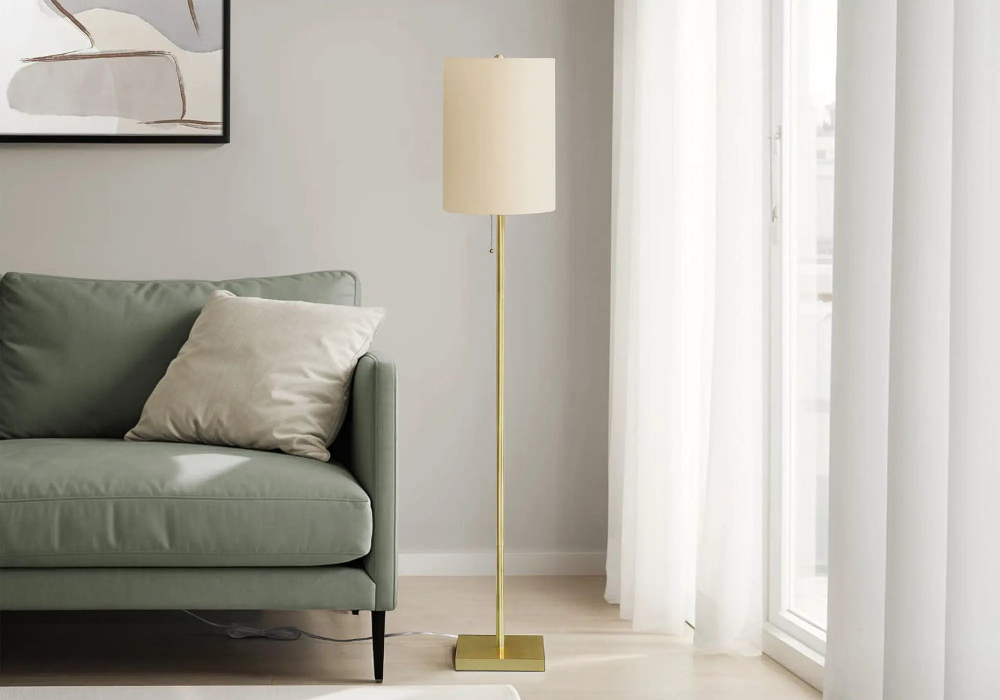 Brass Floor Lamp With Drum Shade and Pull Chain