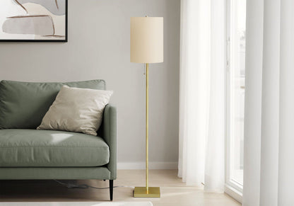 Brass metal floor lamp with beige drum shade and square base, HouseOfZazla on Tampa Home & Garden Store