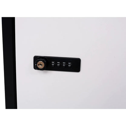 Package delivery box with black mounting plate and combo lock on white exterior on Tampa Home & Garden Store