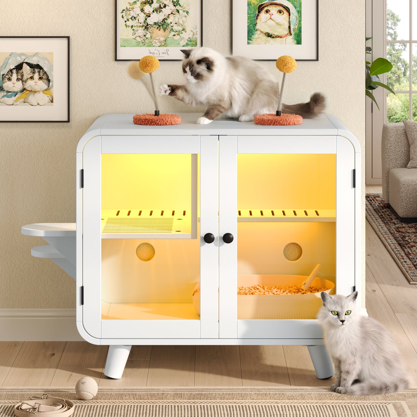 Cat Hidden Litter Box Enclosure with RGB LED by HouseOfZazla, white cabinet doors on Tampa Home & Garden Store