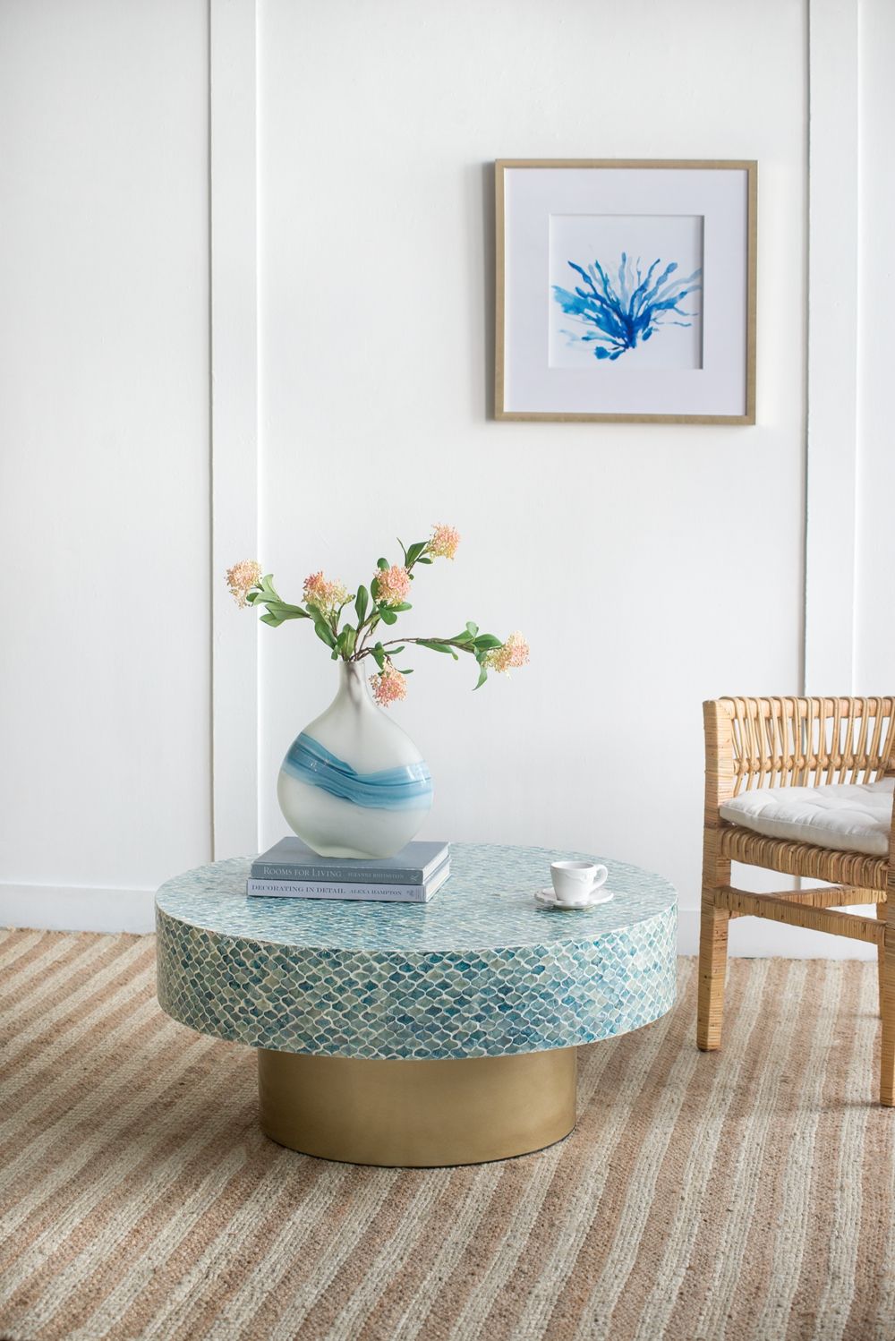 Capiz coffee table with pedestal base, round blue mosaic top on a gold pedestal HouseOfZazla on Tampa Home & Garden Store
