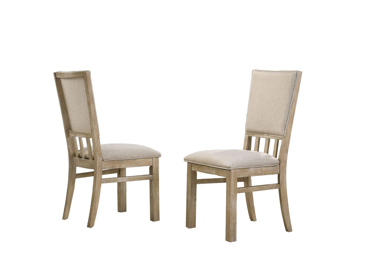 Wide dining chair set in reclaimed wheat wood with beige fabric cushions, 2 chairs on Tampa Home & Garden Store