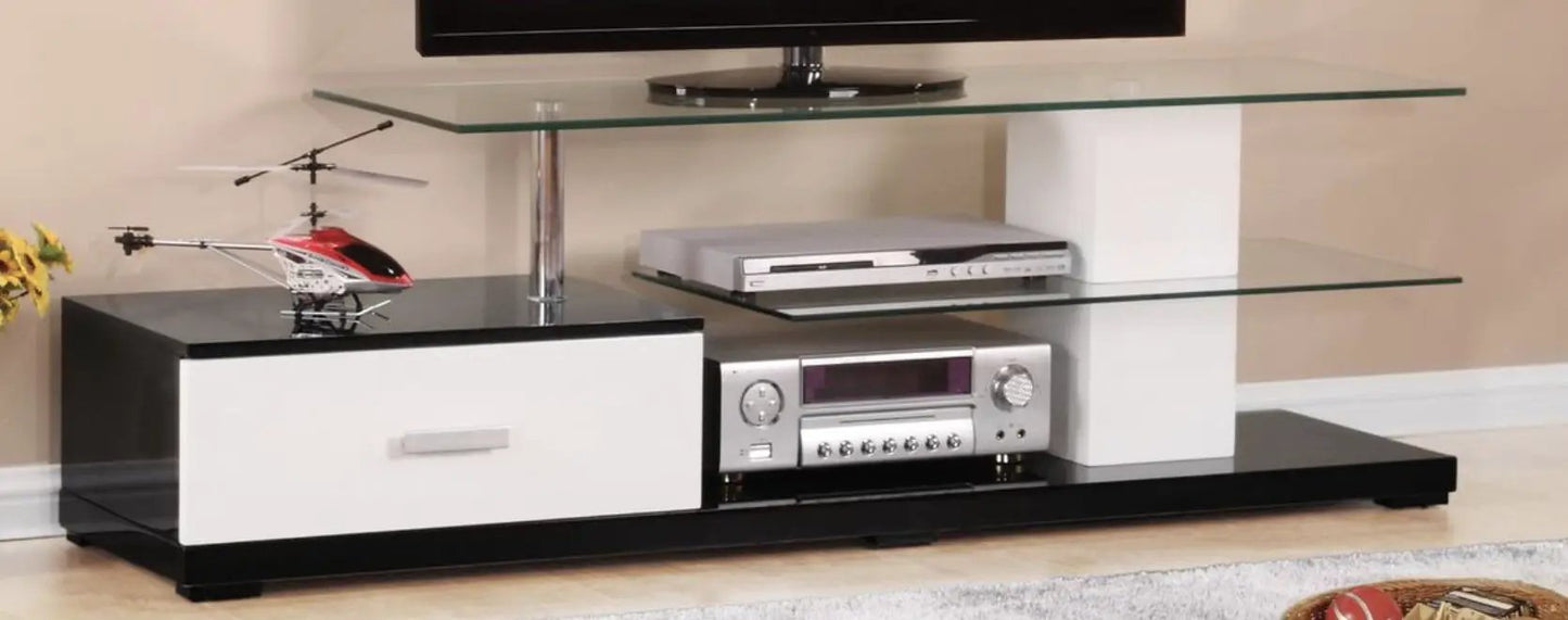 Ivana TV Stand White/Black with glass shelves and media components on Tampa Home & Garden Store