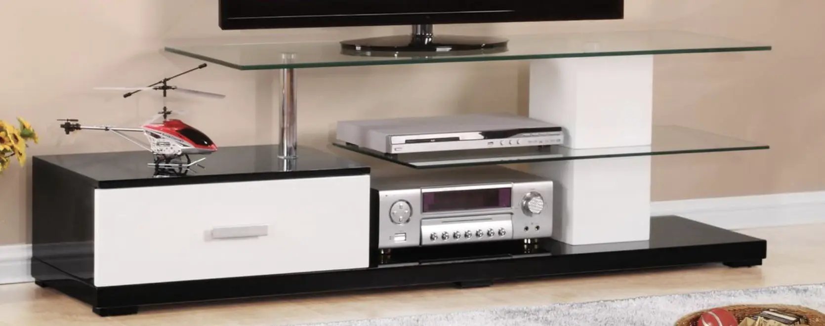 Ivana TV Stand White/Black with glass shelves and media components on Tampa Home & Garden Store