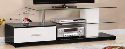Ivana TV Stand White/Black with glass shelves and media components on Tampa Home & Garden Store