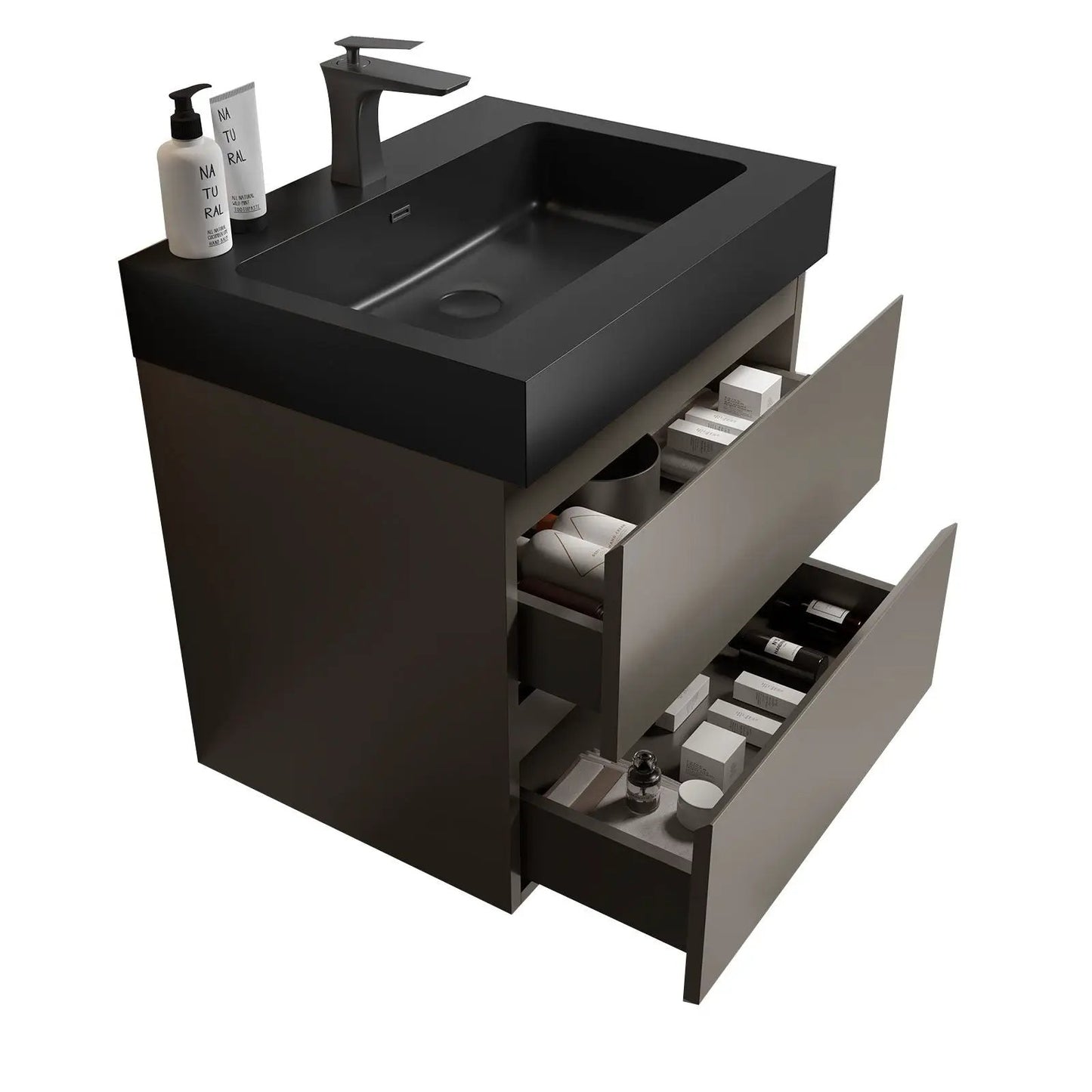 Alice bathroom vanity with sink in black finish, wall-mounted floating unit with storage drawers on Tampa Home & Garden Store