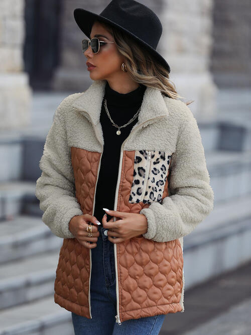 Leopard Color Block Zip-Up Jacket by Stevvex with cream sherpa and brown quilted panels on Tampa Home & Garden Store