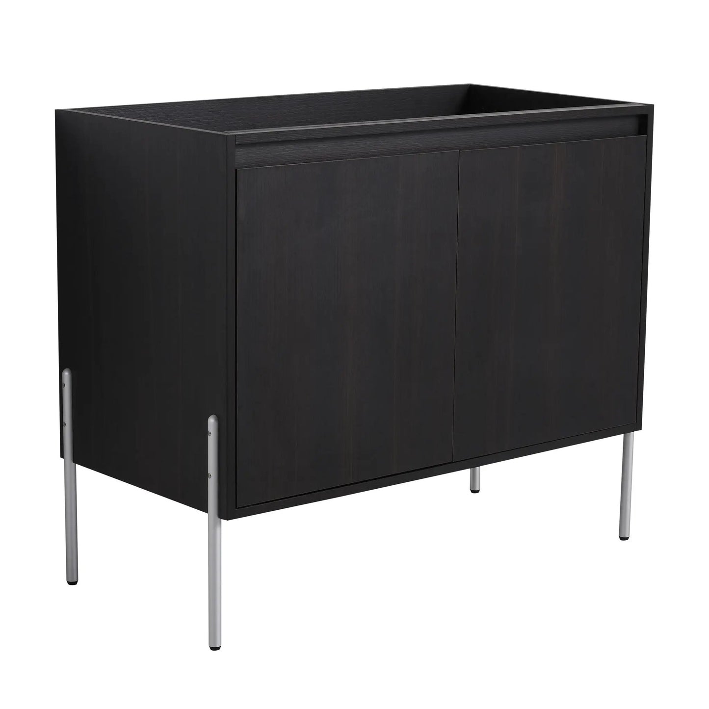 Freestanding bathroom vanity in dark wood with cabinet doors and slim metal legs on Tampa Home & Garden Store