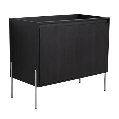 Freestanding bathroom vanity in dark wood with cabinet doors and slim metal legs on Tampa Home & Garden Store