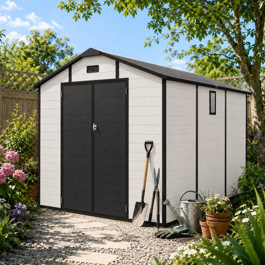 HouseOfZazla 8x10 ft plastic outdoor storage shed with white panels and black double doors on Tampa Home & Garden Store