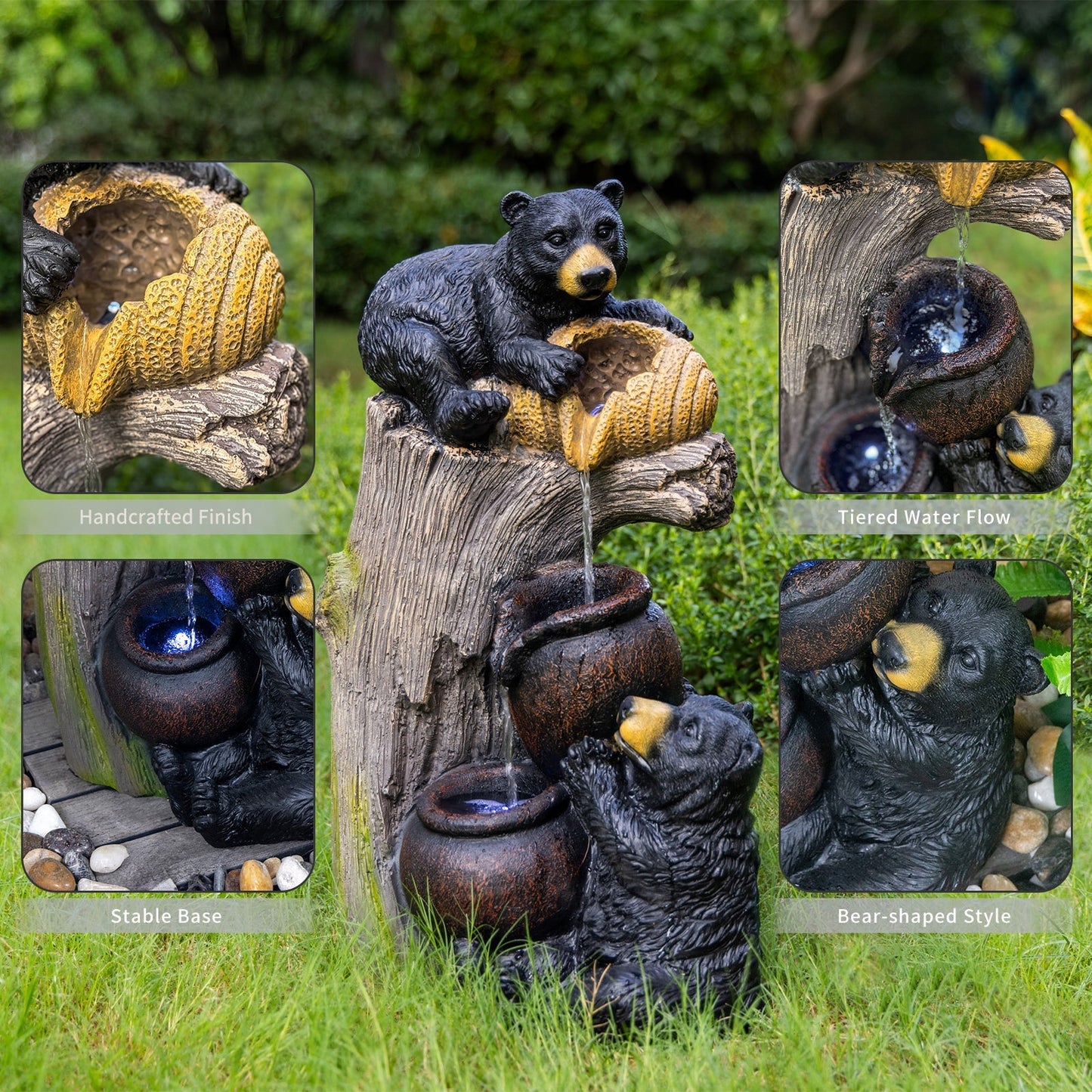 Bear Outdoor Water Fountain with LED Lights by HouseOfZazla, bear-shaped tiered water flow on Tampa Home & Garden Store