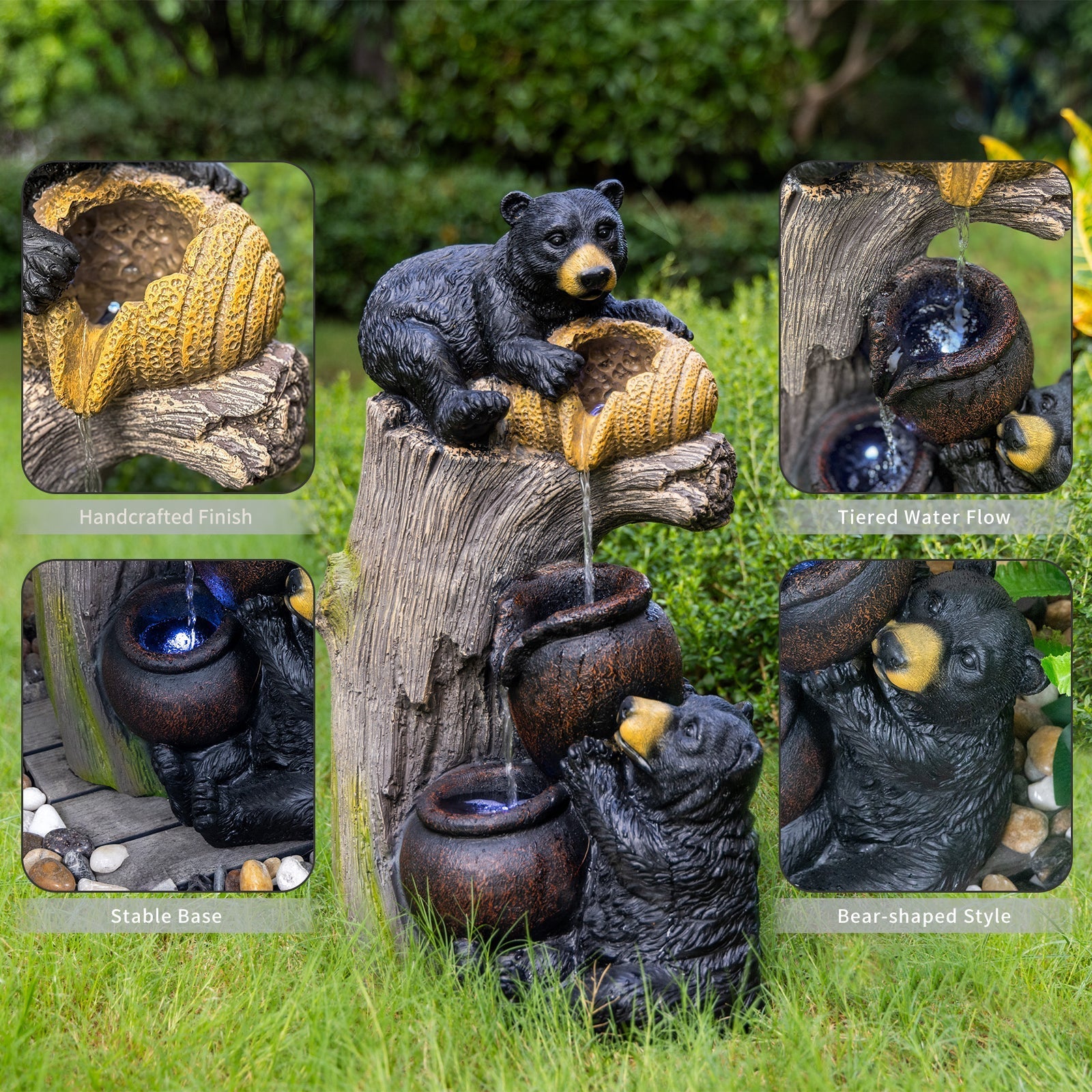 Bear Outdoor Water Fountain with LED Lights by HouseOfZazla, bear-shaped tiered water flow on Tampa Home & Garden Store