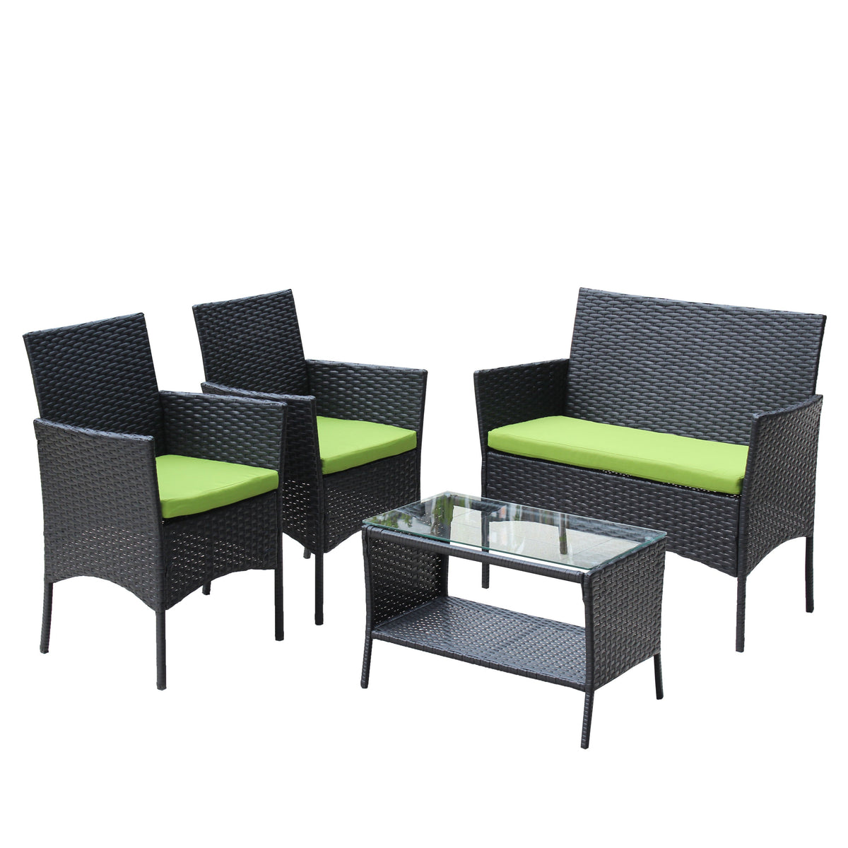 4 pc rattan patio furniture set HouseOfZazla black wicker with lime cushions glass coffee table on Tampa Home & Garden Store