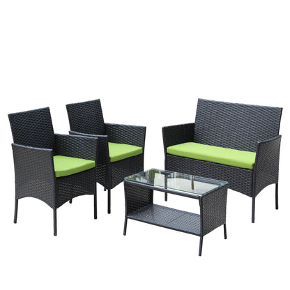 4 pc rattan patio furniture set HouseOfZazla black wicker with lime cushions glass coffee table on Tampa Home & Garden Store