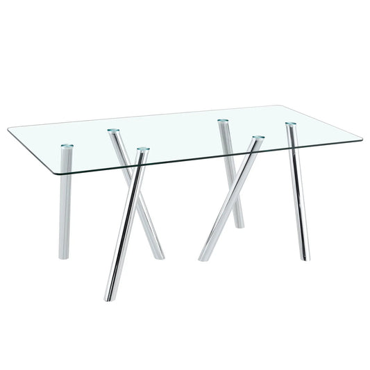 Dining table with transparent glass surface and chrome legs on Tampa Home & Garden Store