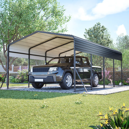 13x20 ft metal carport with upgraded frame gray steel frame and beige roof shelters blue SUV on Tampa Home & Garden Store