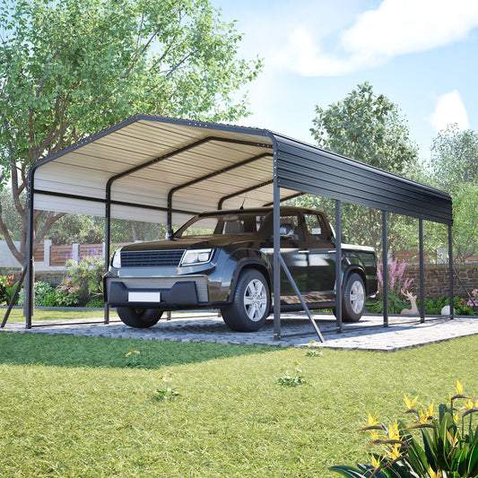 13x20 ft metal carport with upgraded frame gray steel frame and beige roof shelters blue SUV on Tampa Home & Garden Store