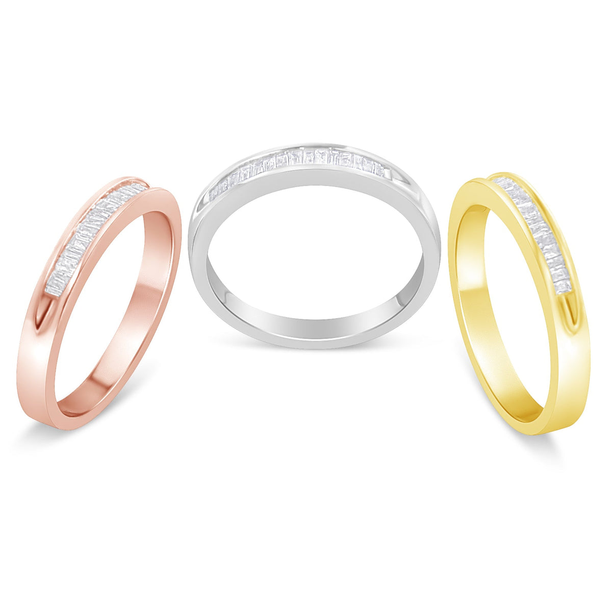Stackable channel-set ring trio in 10K rose, white, yellow gold over sterling silver, 5/8 cttw on Tampa Home & Garden Store