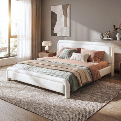 King size boucle upholstered platform bed with curved headboard in cream by HouseOfZazla on Tampa Home & Garden Store