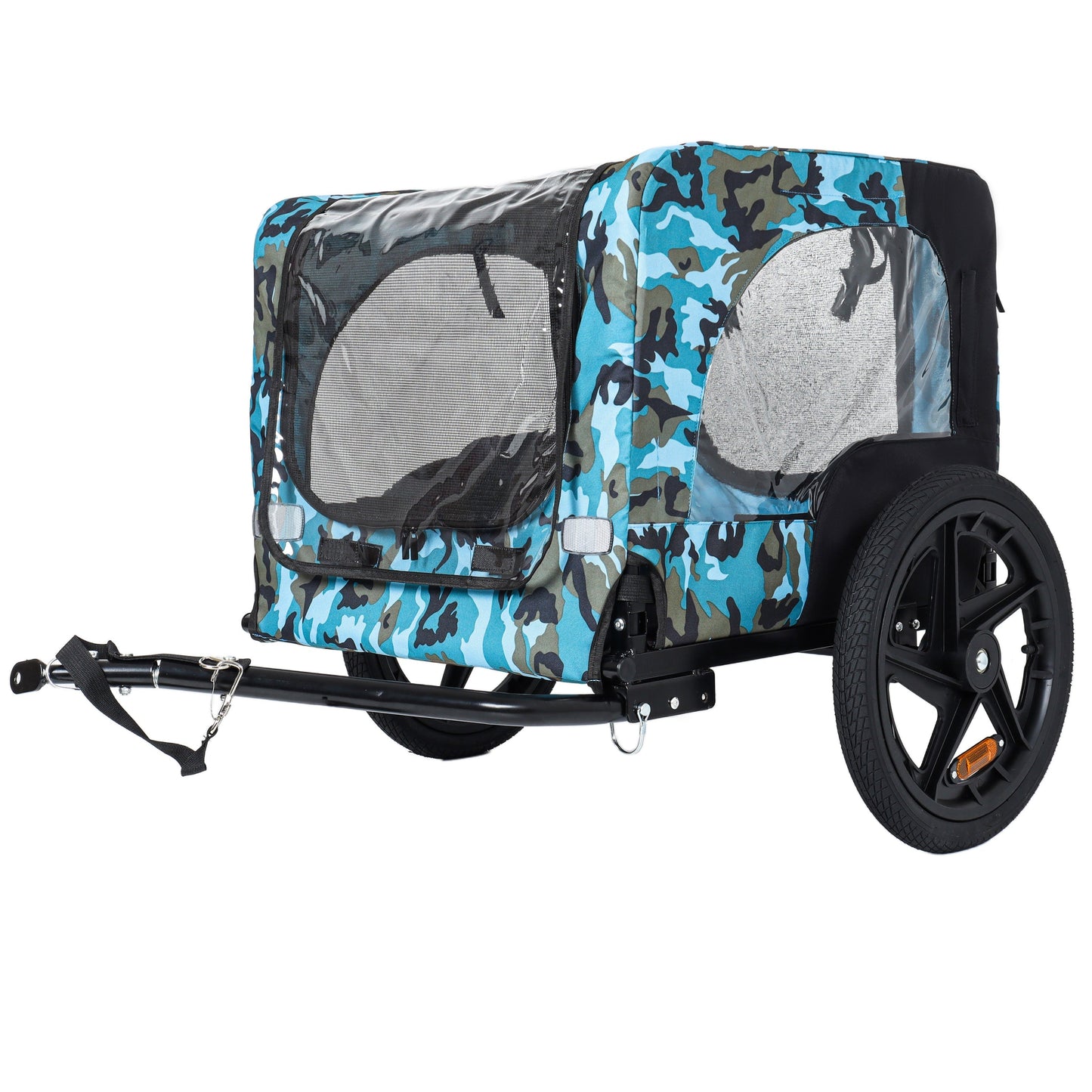 Outdoor heavy duty collapsible pet bike trailer blue camo with mesh window and 16-inch wheels on Tampa Home & Garden Store