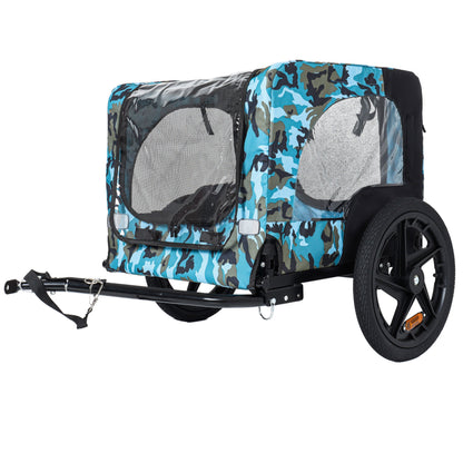 Outdoor heavy duty collapsible pet bike trailer blue camo with mesh window and 16-inch wheels on Tampa Home & Garden Store