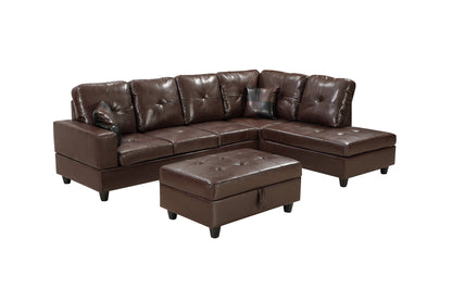 3-piece brown faux leather sectional sofa with left chaise, tufted cushions, ottoman on Tampa Home & Garden Store