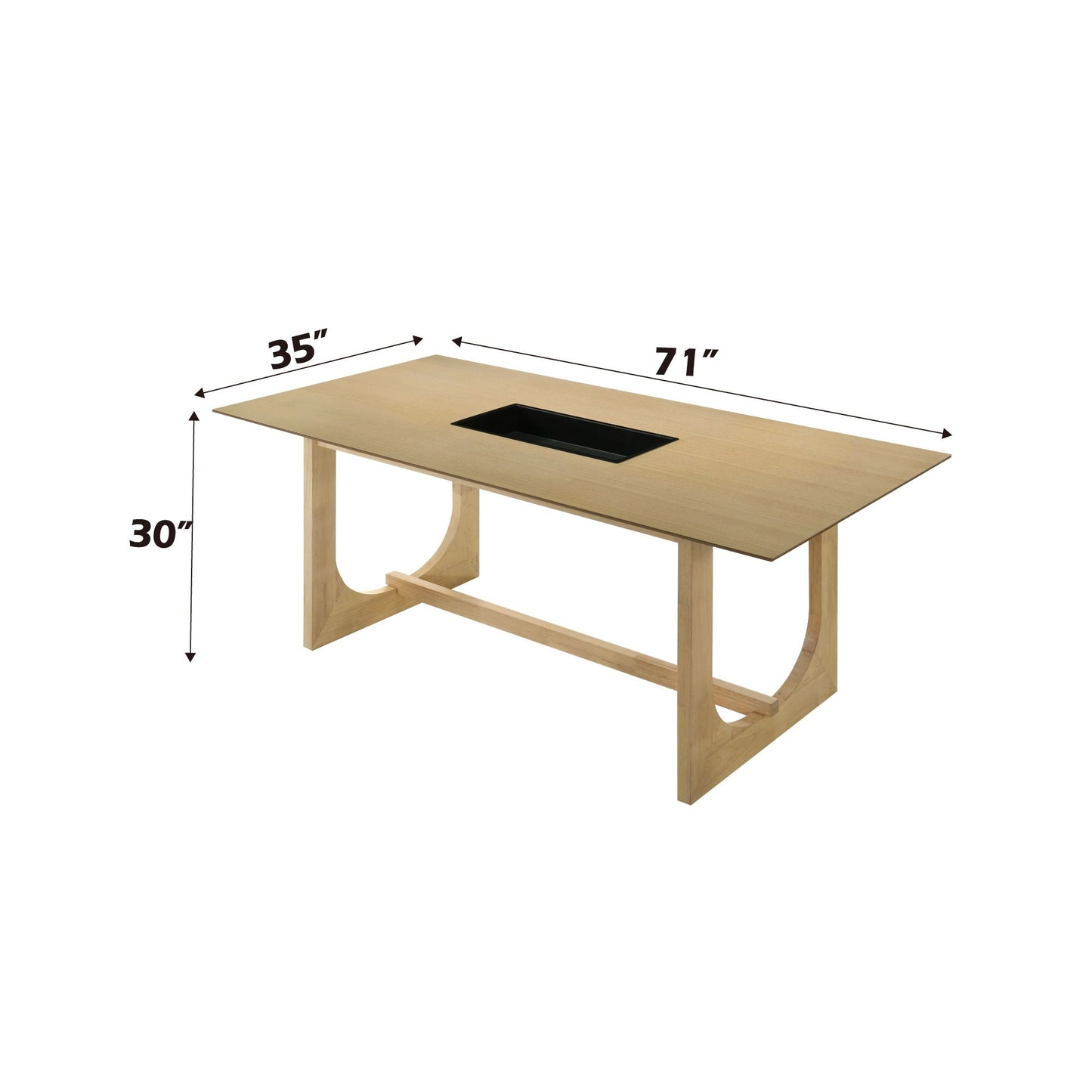 Blayde Natural Wood Dining Table 71x35 in with black inset, wooden trestle base, HouseOfZazla on Tampa Home & Garden Store
