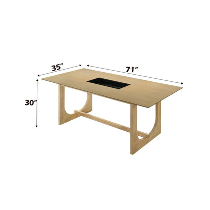 Blayde Natural Wood Dining Table 71x35 in with black inset, wooden trestle base, HouseOfZazla on Tampa Home & Garden Store